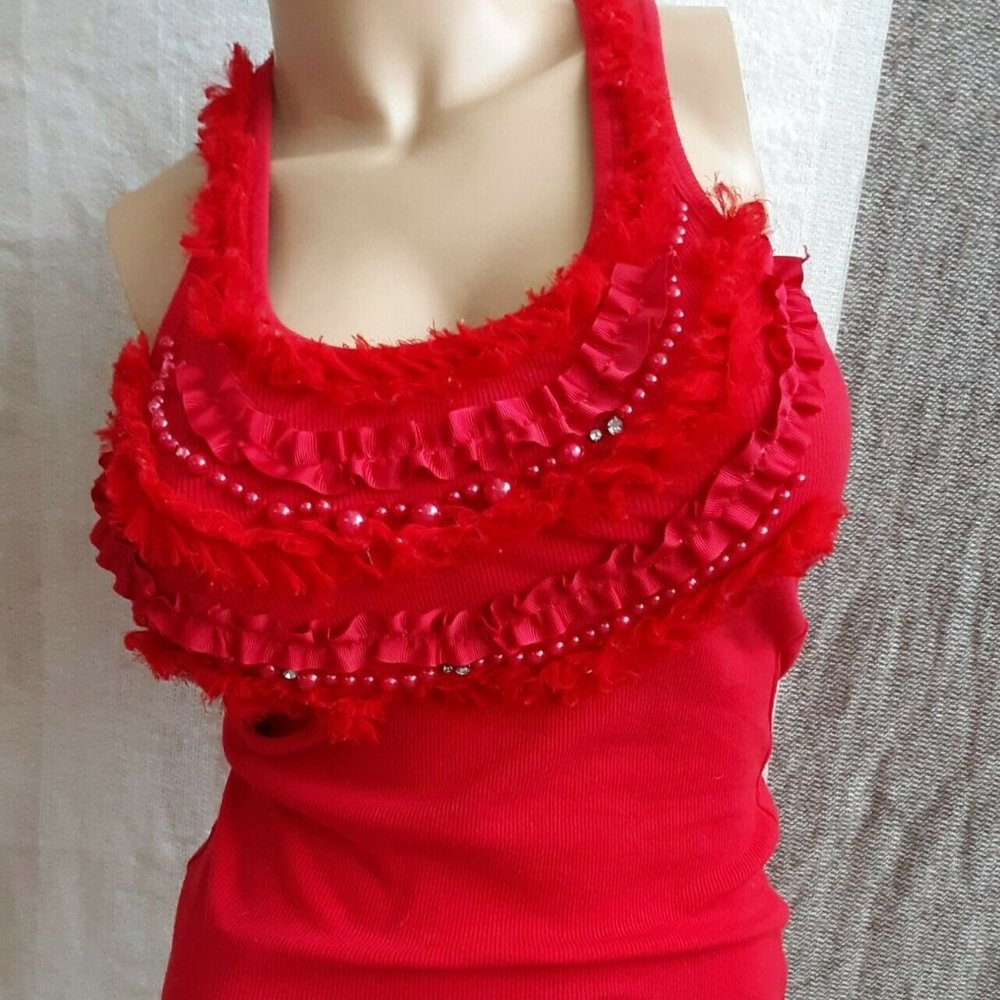 Red Ruffle Beaded Lace Tank Top By Sweet Color M